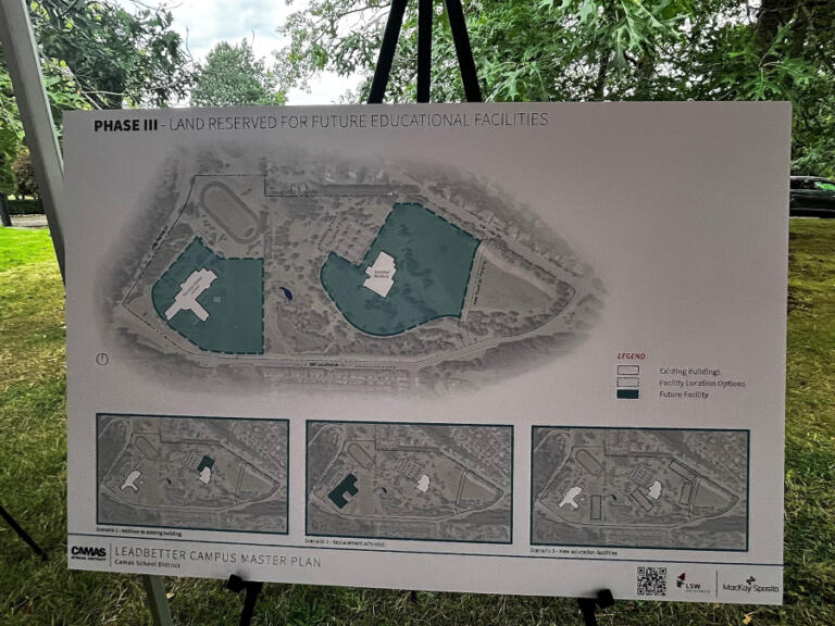 An illustration shown during the Camas School District's open house on Tuesday, Sept. 10, 2024, to discuss the District's plan for its Leadbetter campus, located on the site of the former Underwriters Laboratories (UL) off Northwest Leadbetter Drive in Camas, shows the District's Phase 3 plans, which include opening a new secondary school.