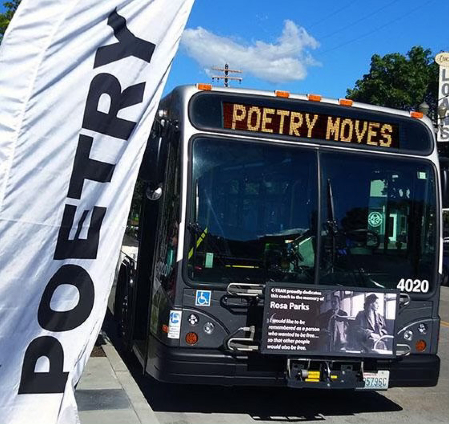 Above: A C-TRAN bus promotes Artstra’s Poetry Moves program in 2023. Top: A poem is printed on the inside of a C-TRAN bus in 2023. (Contributed photo courtesy of Artstra)