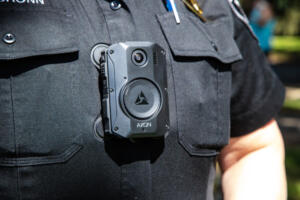 A Washougal police officer models one of the department’s body-worn cameras, which are affixed to the officer’s uniform with a magnetic attachment and can record automatically in certain situations, such as when a firearm or Taser is drawn. (Photo courtesy of the city of Washougal)