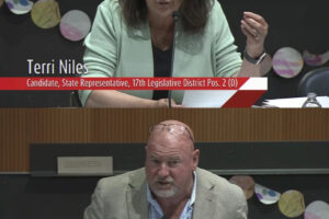 Terri Niles (top), a Democratic candidate for Washington’s 17th Legislative District, Position 2, and Washougal Mayor David Stuebe, a Republican candidate for the 17th District, Position 2 seat, speak during a League of Women Voters of Clark County candidate forum held Wednesday, June 26, 2024. (Screenshots by Kelly Moyer/Post-Record files)