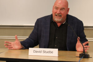 Washougal Mayor David Stuebe, the Republican candidate running for Washington’s 17th Legislative District, Position 2 seat, speaks during a League of Women Voters of Clark County candidate forum, held Saturday, Oct. 5, 2024, at the Camas Public Library in downtown Camas. (Kelly Moyer/Post-Record files)