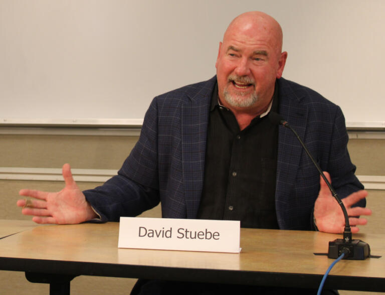 Washougal Mayor David Stuebe, the Republican candidate running for Washington&rsquo;s 17th Legislative District, Position 2 seat, speaks during a League of Women Voters of Clark County candidate forum, held Saturday, Oct.