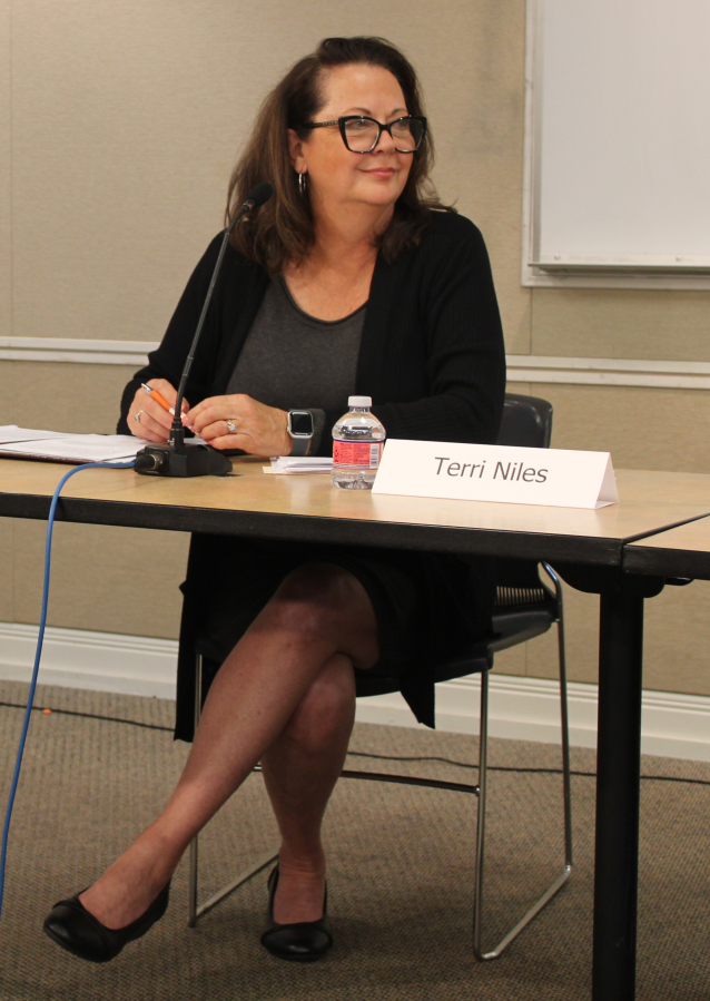 Terri Niles, the Democratic candidate running for Washington’s 17th Legislative District, Position 2 seat, speaks during a League of Women Voters of Clark County candidate forum, held Saturday, Oct. 5, 2024, at the Camas Public Library in downtown Camas.