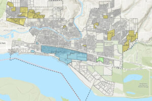 The city of Washougal’s homeowners association and neighbhorhood registry (above) displays an interactive map of Washougal and contact information of registered HOAs or neighborhoods (outlined in yellow, green and blue). (Screenshot by Doug Flanagan/Post-Record)