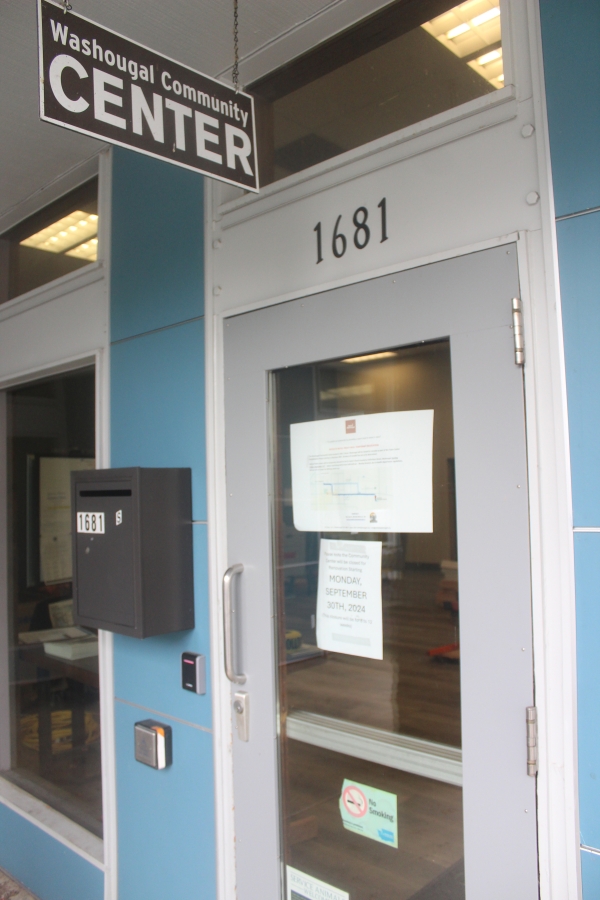 Doug Flanagan/Post-Record 
 A sign informs visitors that the Washougal Community Center is closed for renovations for at least eight weeks.