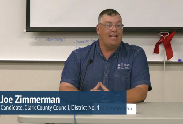 Joe Zimmerman, of Vancouver, a candidate for the Clark County Council&rsquo;s District 4 seat, speaks during a League of Women Voters forum, Oct.