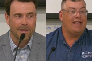 Clark County Council, District 4 candidates Matt Little (left), of Camas, and Joe Zimmerman (right), of Vancouver, speak during a League of Women Voters of Clark County candidate forum, Oct. 1, 2024. (Screenshots from cvtv.org video, Kelly Moyer/Post-Record) 