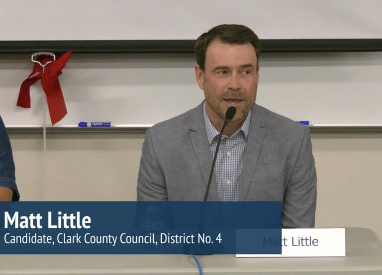 Matt Little, of Camas, a candidate for the Clark County Council&rsquo;s District 4 seat, speaks during a League of Women Voters forum, Oct. 1, 2024.