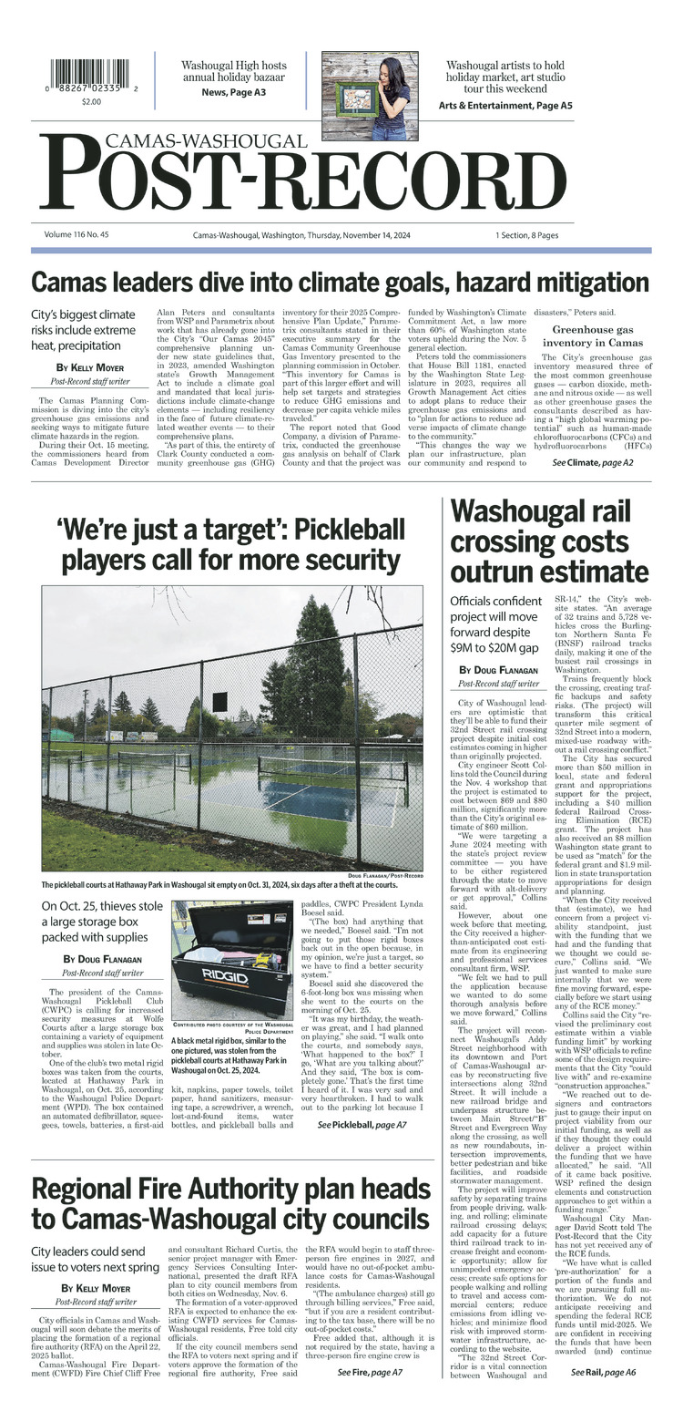 Thursday, Nov. 14th, 2024 Camas-Washougal Post-Record newspaper front page