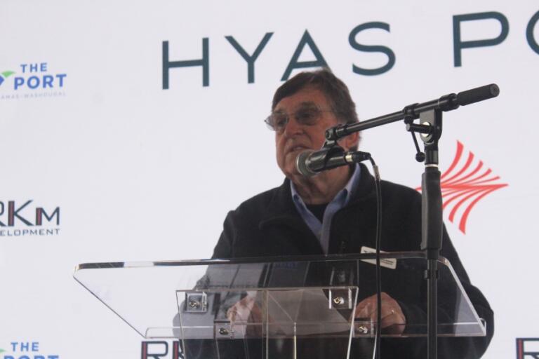 Doug Flanagan/Post-Record 
 Port of Camas-Washougal commissioner Larry Keister speaks during a groundbreaking ceremony for the Hyas Point development project at Washougal Waterfront Park on Oct. 31, 2024.