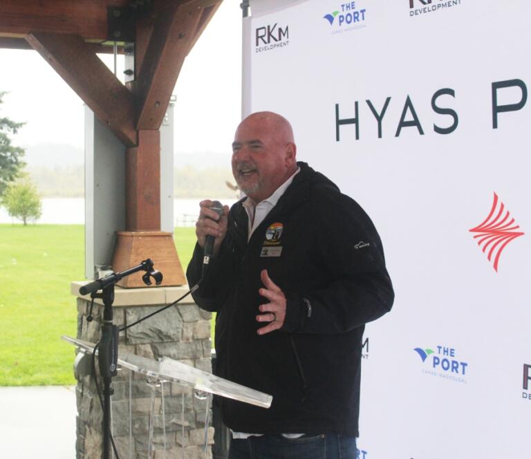 Doug Flanagan/Post-Record 
 Washougal Mayor David Stuebe speaks during a groundbreaking ceremony for the Hyas Point development project at Washougal Waterfront Park on Oct. 31, 2024.