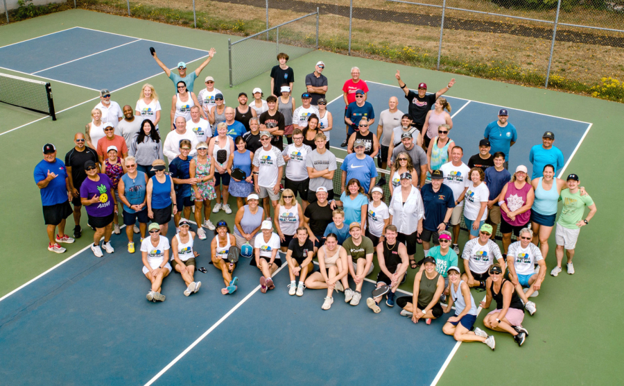 Members of the Camas-Washougal Pickleball Club gather at Wolfe Courts in Washougal’s Hathaway Park in an undated photo. (Contributed photo courtesy of Lynda Boesel)