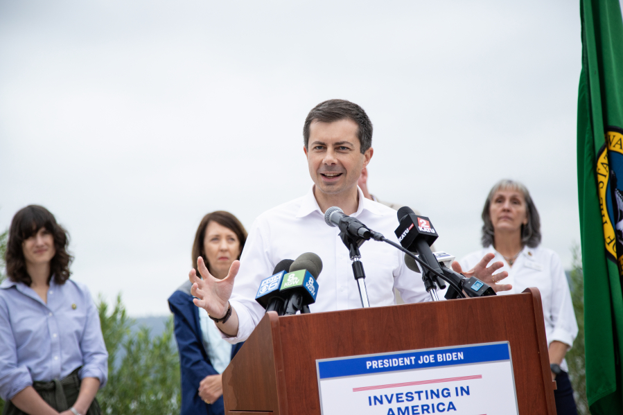 U.S. Secretary of Transportation Pete Buttigieg speaks about the city of Washougal’s 32nd Street rail crossing project during a press conference in Washougal July 7, 2023. (Post-Record files)