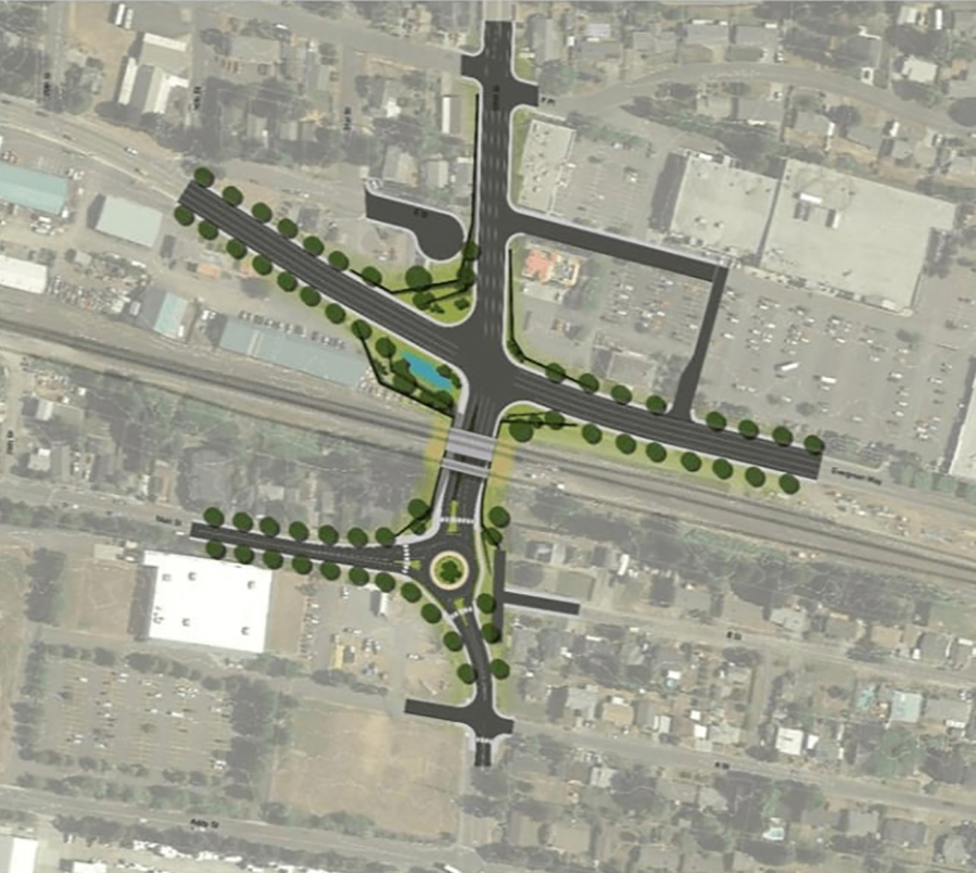 The city of Washougal’s planned 32nd Street underpass project would provide a grade-separated railroad crossing at 32nd Street, new connector streets in the Town Center, road improvements within the Port of Camas-Washougal’s industrial park, a roundabout at 32nd and Main streets, a signal at 32nd Street and Evergreen Way, and a sidewalk and multi-use path. (Contributed graphic courtesy of the city of Washougal)