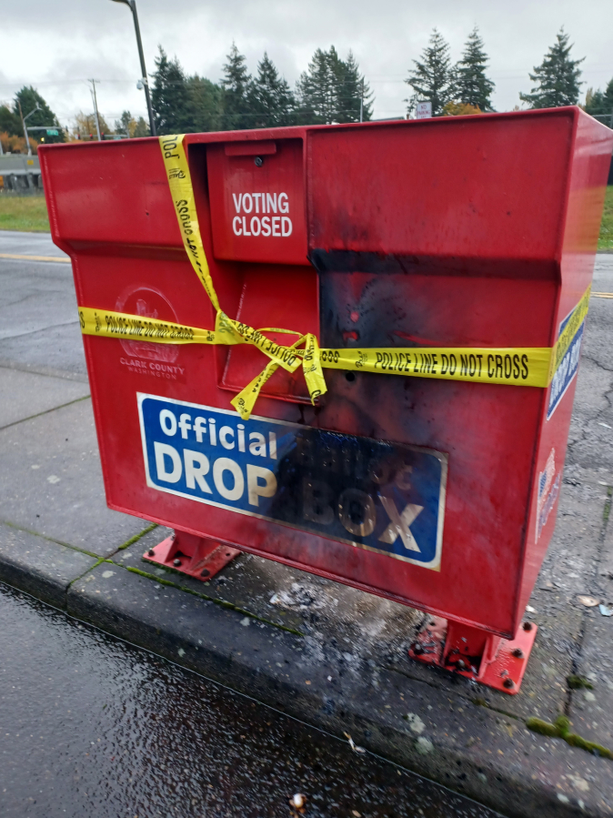 The ballot drop box at Fisherís Landing was damaged by an incendiary device Monday morning. (Monika Spykerman/The Columbian  files)