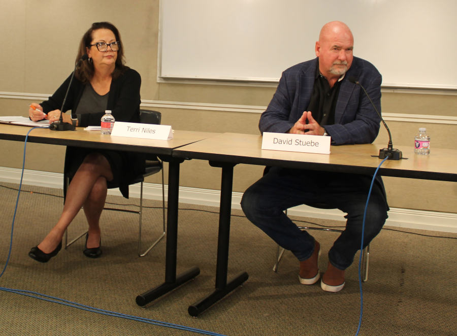 Candidates running for Washington’s 17th Legislative District, Position 2 seat, Terri Niles, a Democratic candidate from Vancouver (left), and Washougal Mayor David Stuebe (right), who is running as a Republican, attend a League of Women Voters of Clark County candidate forum in Camas, Oct. 5, 2024. (Kelly Moyer/Post-Record)