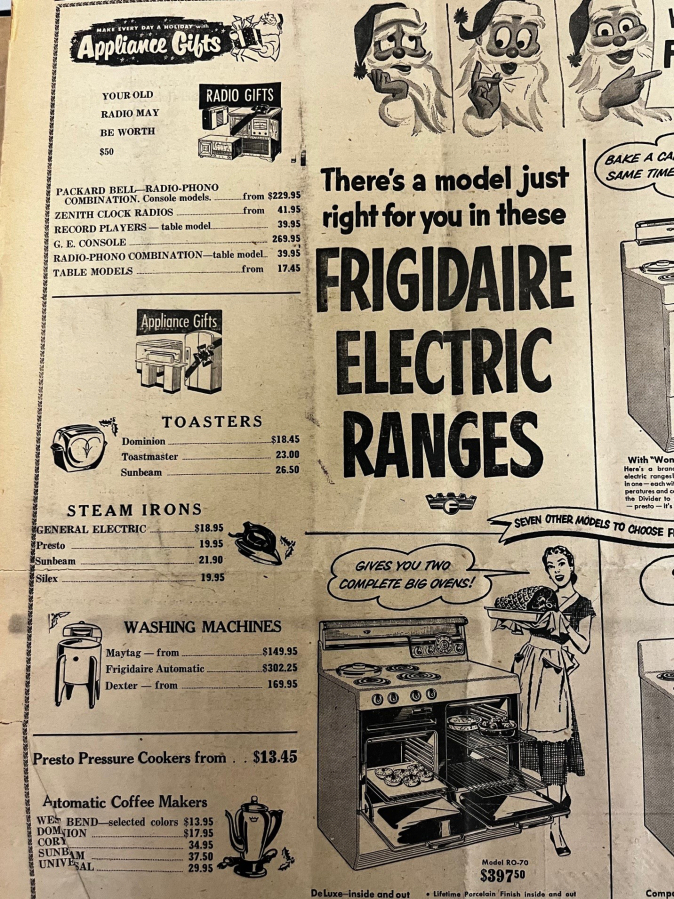 An advertisement in the Dec. 20, 1951, issue of The Post-Record shows prices for appliances in the Camas area.