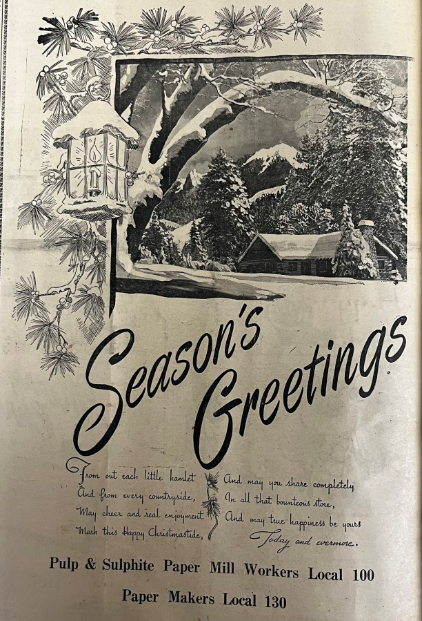 A Christmastime advertisement from the Paper Makers Local 130 wishing readers "Season's Greetings" appears in the Dec. 20, 1951, issue of The Post-Record newspaper.